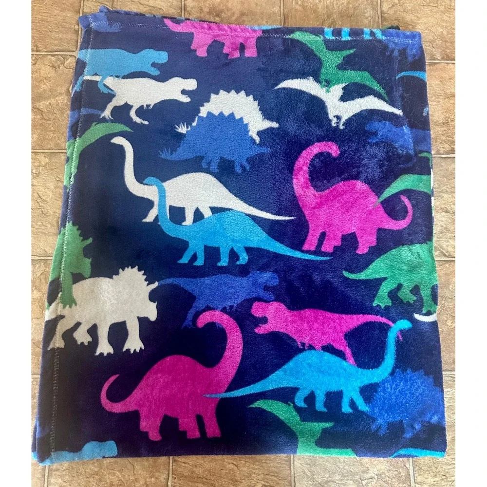Kids Dinosaur Plush Fleece Throw Blanket Navy Blue Colorful Prehistoric Print